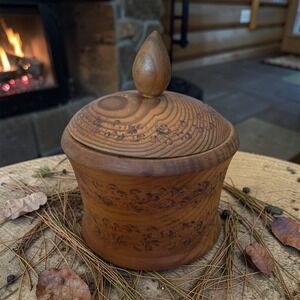 Vintage German Hand Turned Wood Lidded Jar Pyrography Souvenir Deutschland